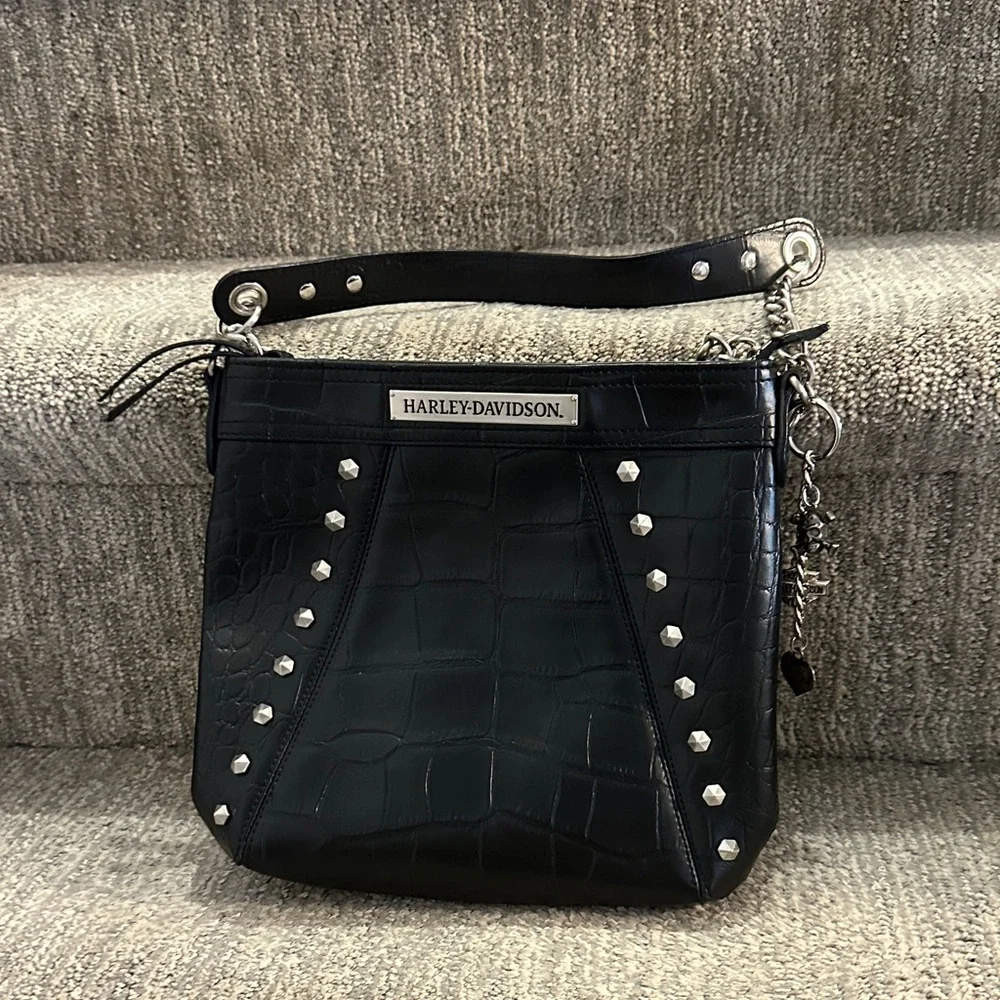 Harley Davidson genuine leather bag with alligator print studs and lepard print - Picture 1 of 10